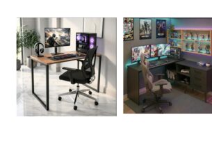 Mesa de computador moderna organizada com notebook, monitor e acessórios de escritório.
