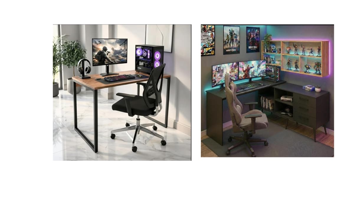 Mesa de computador moderna organizada com notebook, monitor e acessórios de escritório.
