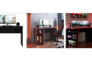 Mesa PC gamer com iluminação embutida e espaço para periféricos de jogos.