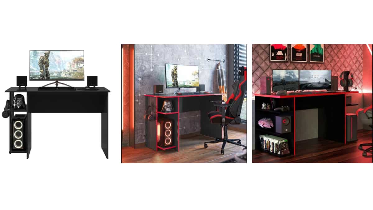 Mesa PC gamer com iluminação embutida e espaço para periféricos de jogos.