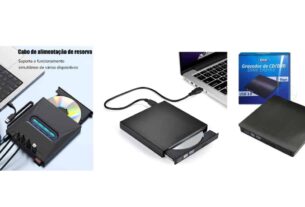 Gravador e leitor de DVD e CD externo USB conectado a um notebook moderno