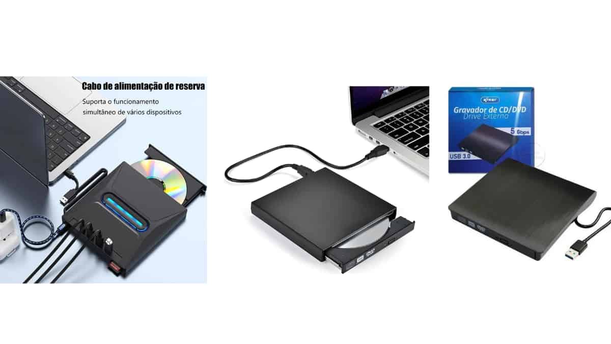Gravador e leitor de DVD e CD externo USB conectado a um notebook moderno